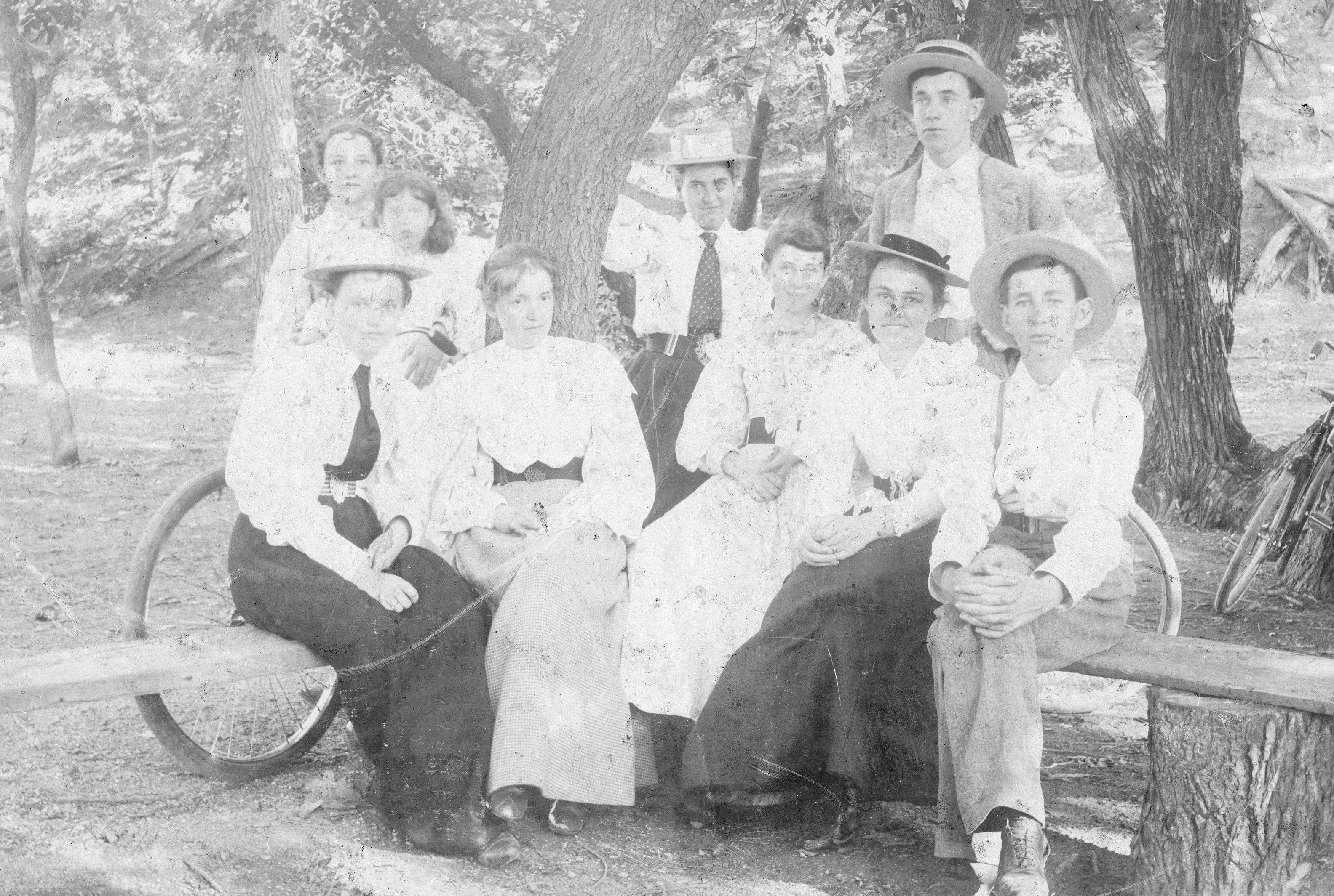 Willa Cather and friends, PHO-4-W689-1120 Willa Cather and friends sit with their bicycles, circa 1890