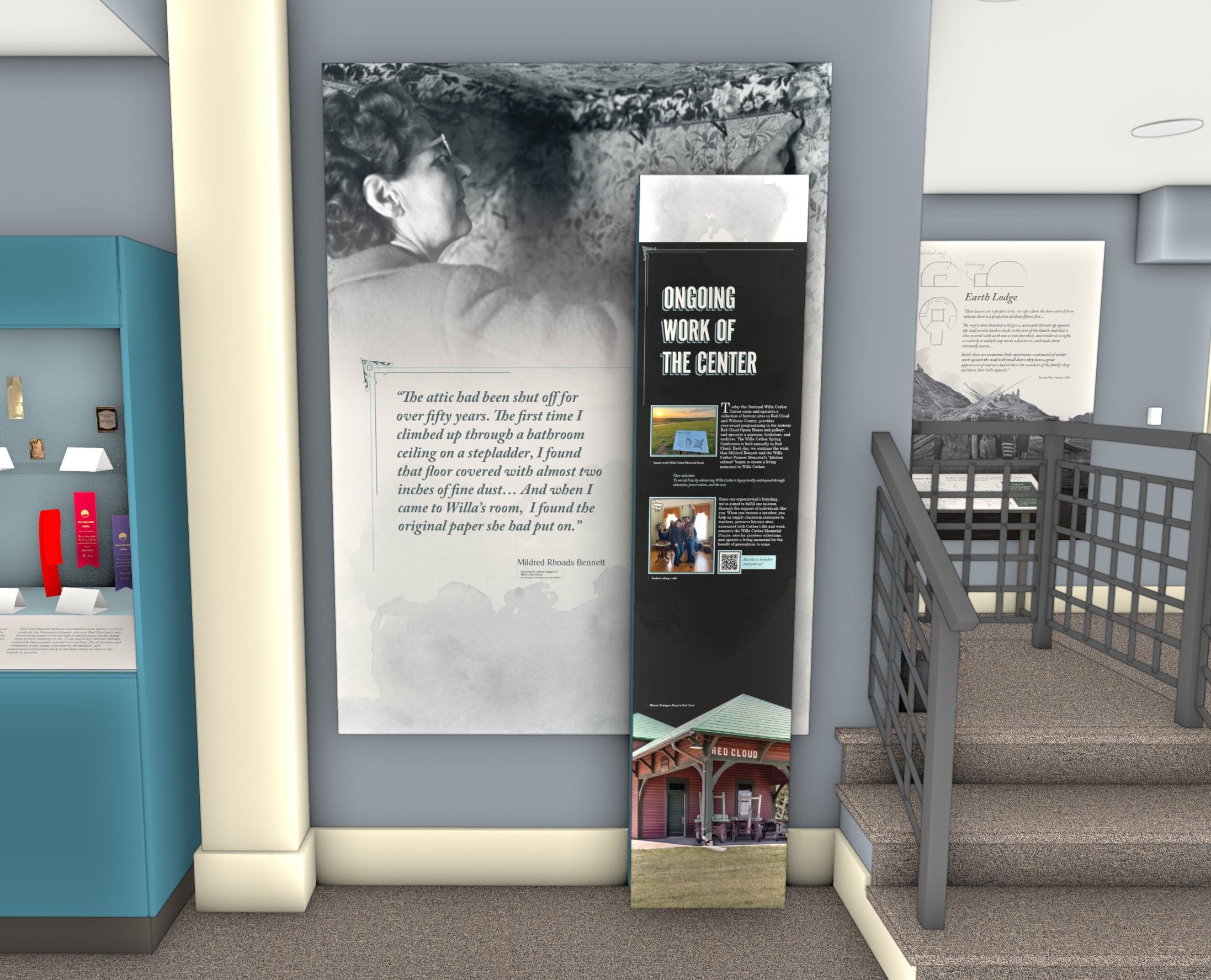 Area 5: Founder Mildred Bennett, Ongoing work of the Center renderings of a display for the new bank exhibit: Mildred Bennett in Cather's childhood bedroom, inspecting wallpaper.