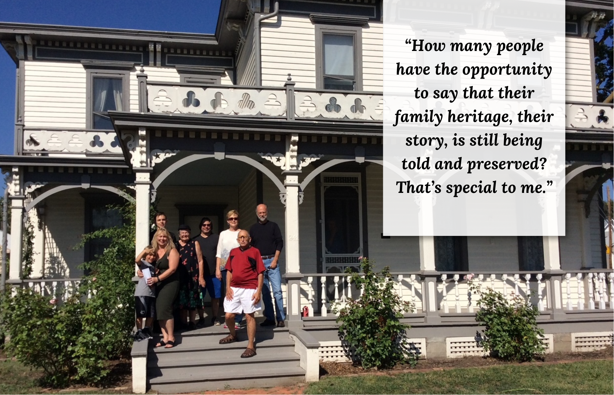 Jaydene Miner Drew and her family stand on the porch of the J.L. Miner House