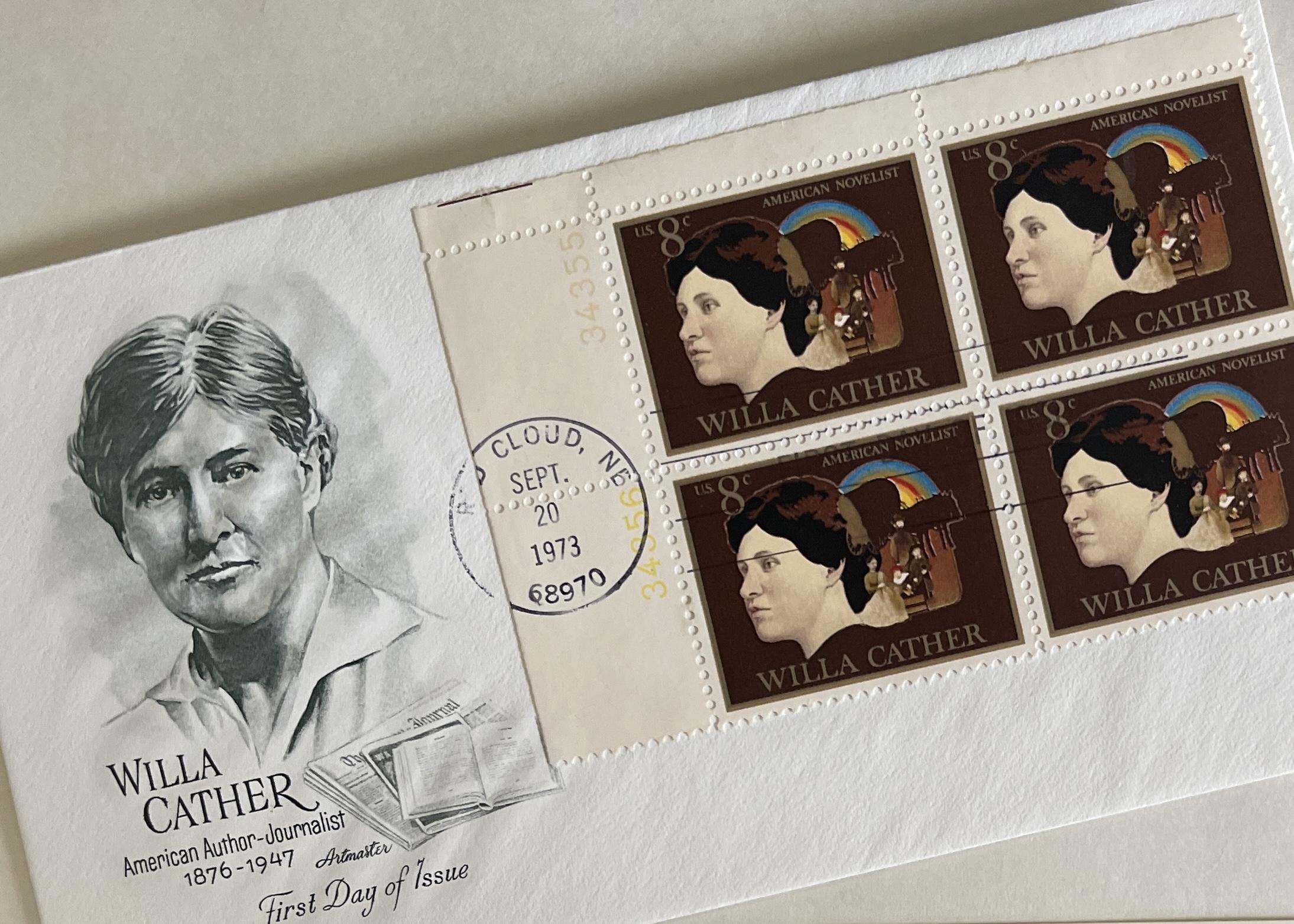 Willa Cather stamp First Day of Issue (postmarked envelope with stamps)