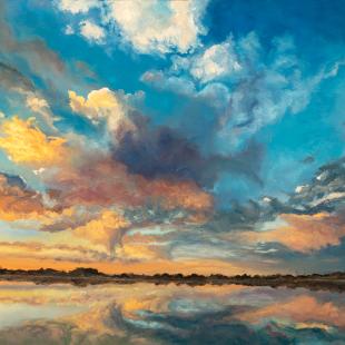 Oil painting of colorful sunset over water