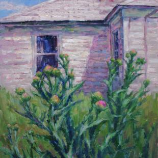 Painting of old white house with thistles