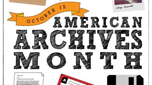 October is American Archives Month. Pictured are film negatives, papers and folders, photos, and other media.