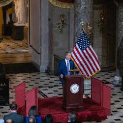 The Honorable James Pillen, Governor of Nebraska between the two Nebraska statues of Willa Cather and Chief Ponca Standing Bear, installed in 2019 | Congressional Statue Dedication Ceremony in Honor of Willa Cather of Nebraska | National Statuary Hall | U.S. Capitol | Wednesday, June 7, 2023 | 11:00 a.m. | Image ©Cheriss May, Ndemay Media Group