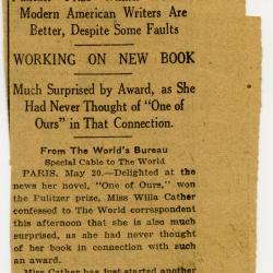 The New York World published this brief from their Paris correspondent following Cather's Pulitzer Prize win