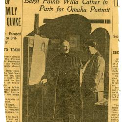 Cather and painter Leon Bakst look at Bakst's unfinished portrait of Cather for the Omaha Public Library