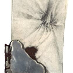 Don't Fall in Love With the Iron | Travis Hencey | graphite on prepared paper with poured pewter and found object | $275 9x11.5 framed