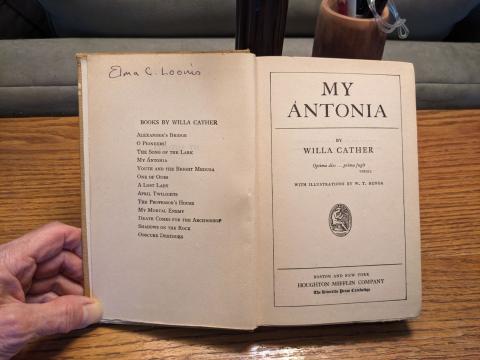 The title page of Loomis' copy of My Antonia, with her mother's handwritten name, "Elma C. Loomis."