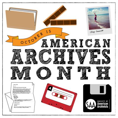 October is American Archives Month. Pictured are film negatives, papers and folders, photos, and other media.