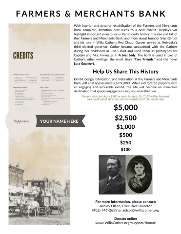 Handout describing the Farmers & Merchants Bank and donation levels.