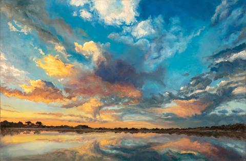 Oil painting of colorful sunset over water