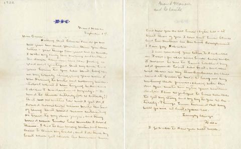 Handwritten two page letter from Willa Cather, on monogrammed ivory stationery