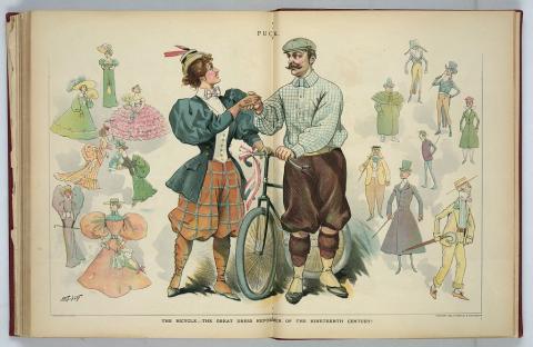A man and a woman are shown in their respective bicycle costumes