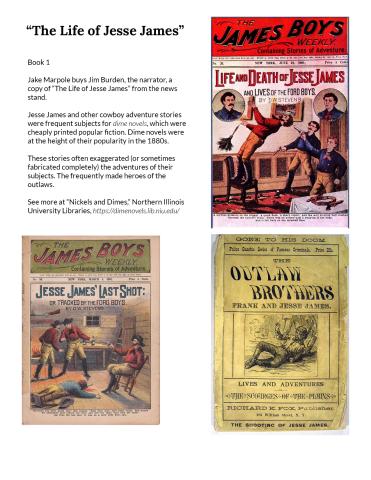 Worksheet with dime novel covers, showing cartoon images of Jesse James