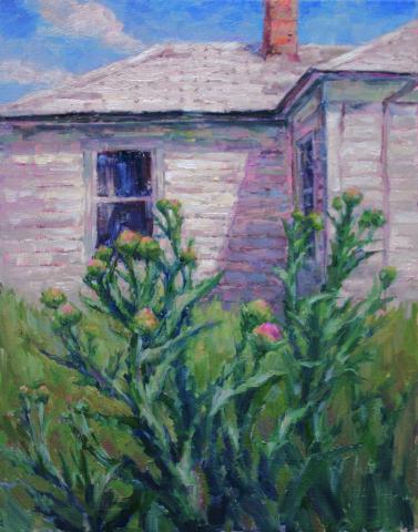 Painting of old white house with thistles