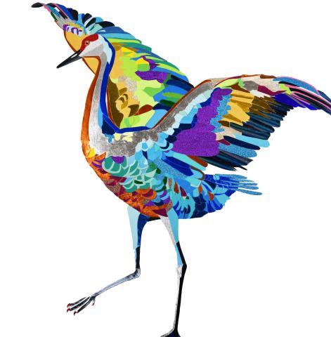 dancing_to_the_technicolor_beat.jpg Colorful painting of a Sandhill crane on a white background