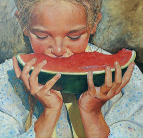 Watermelon by David Dorsey is an acrylic painting of a young girl eating a watermelon 